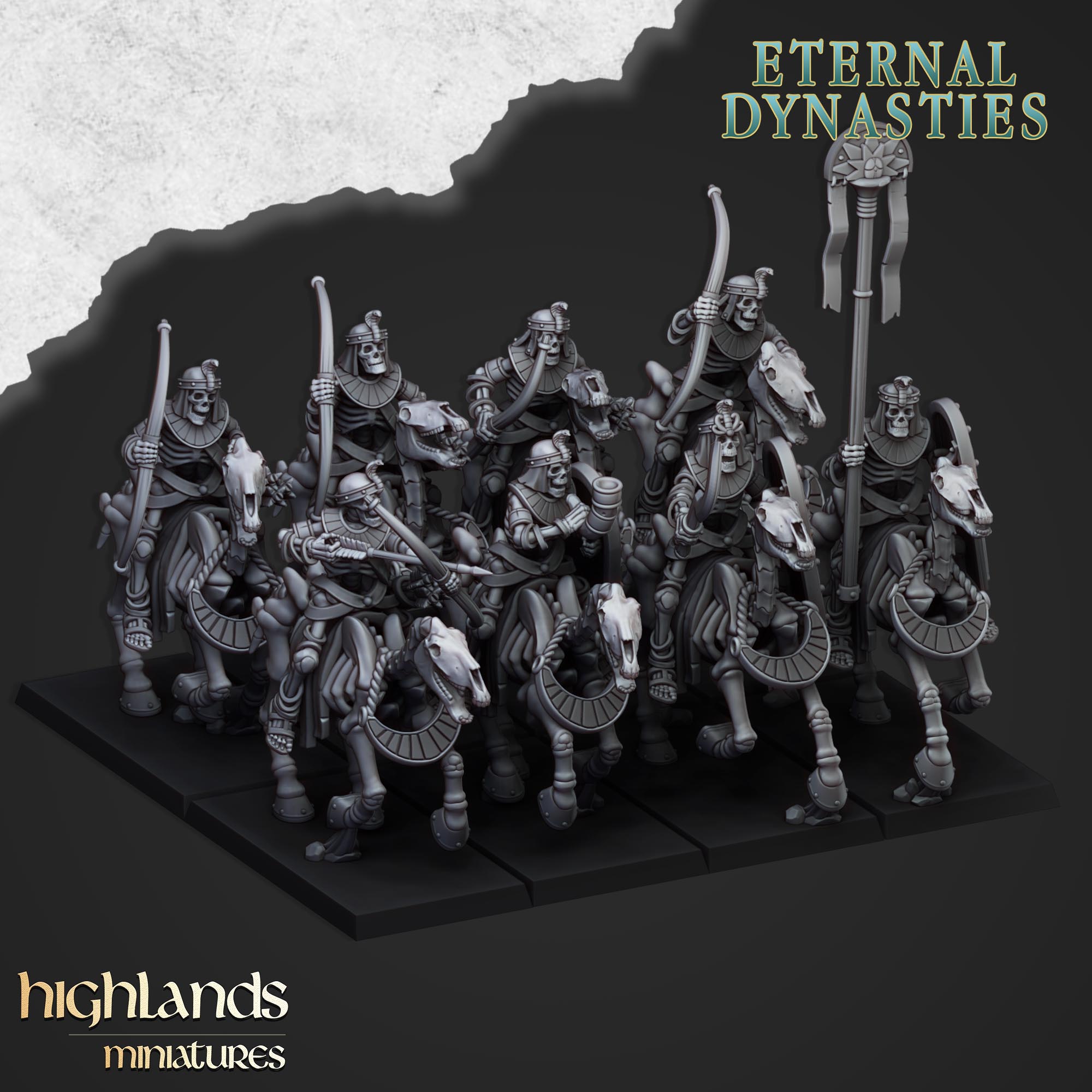 Caballería esquelética antigua con arcos (x8) - Dinastías eternas | Miniaturas de las Tierras Altas