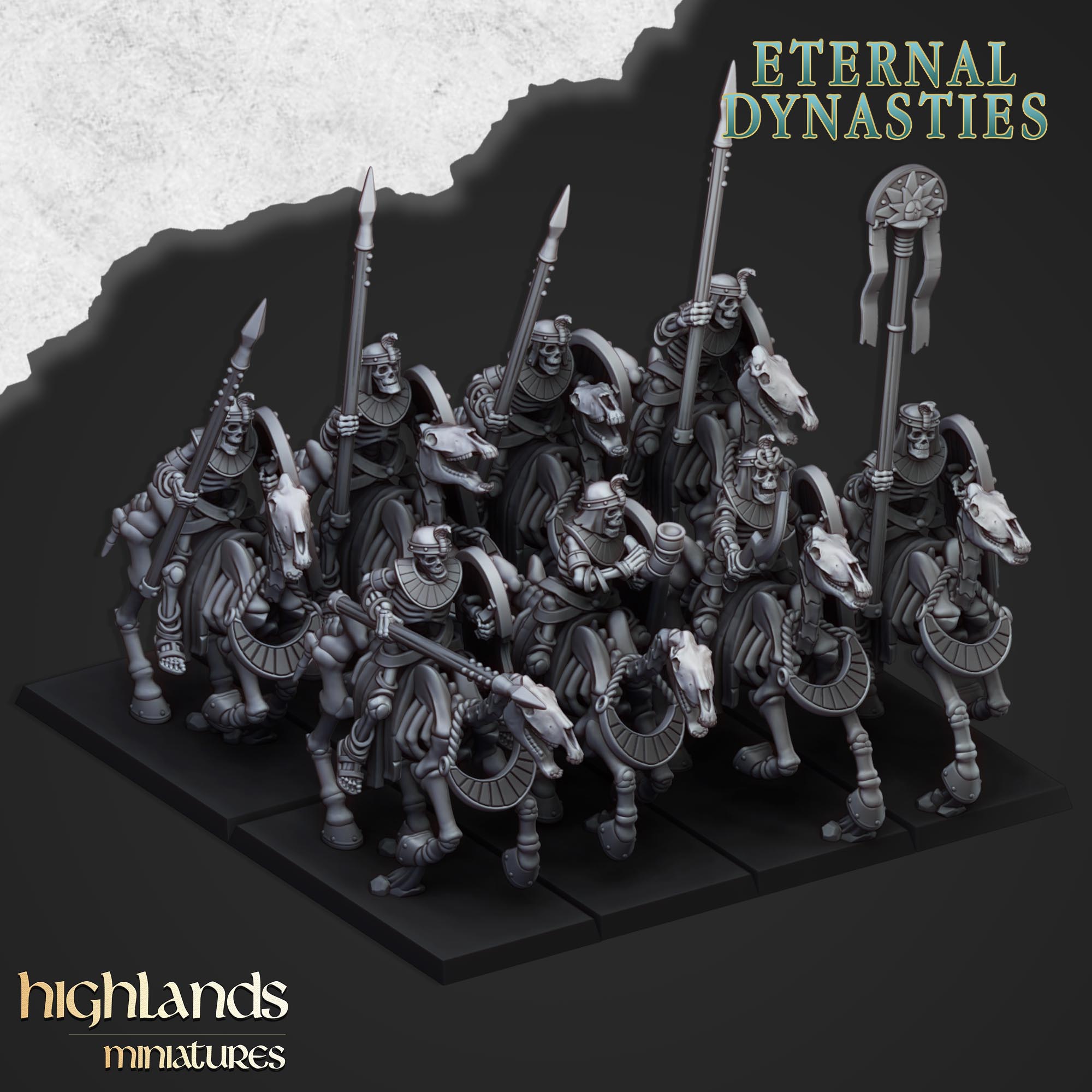 Caballería esquelética antigua con lanzas (x8) - Dinastías eternas | Miniaturas de las Tierras Altas