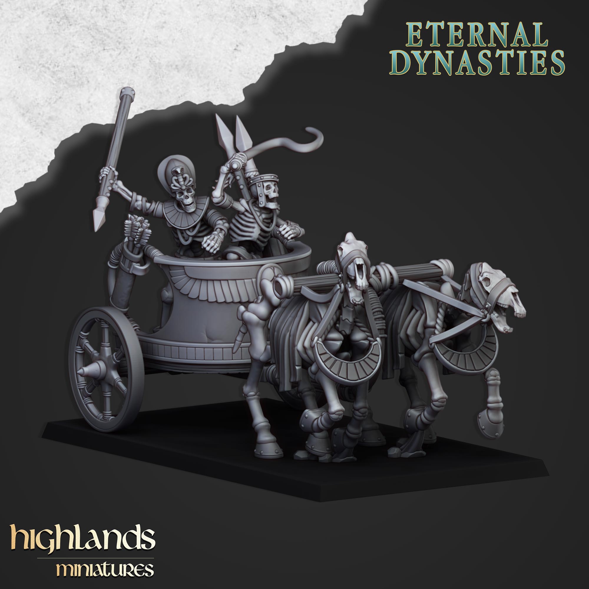 Antike Skelettstreitwagen (x3) – Ewige Dynastien | Highlands Miniatures
