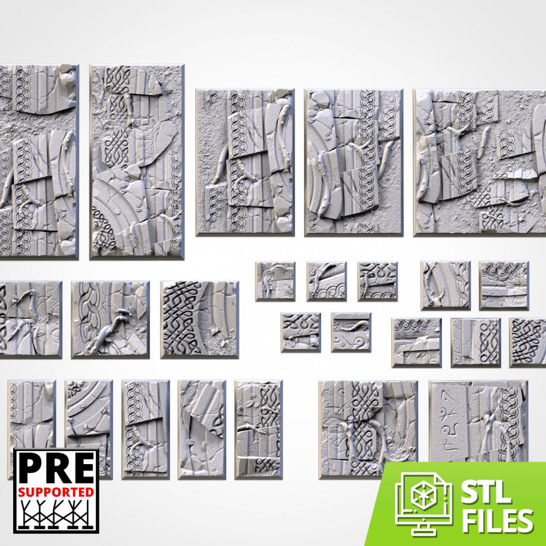 Bases cuadradas de ruinas ancestrales | 20 mm | 25 mm | 40 mm | Fábrica Txarli | Bases cuadradas texturizadas escénicas magnetizables