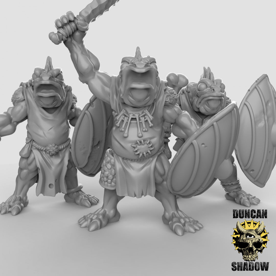 Pueblo pez Koa Toa con espadas y escudos | Sombra de Duncan | Compatible con Dragones y Mazmorras y Pathfinder
