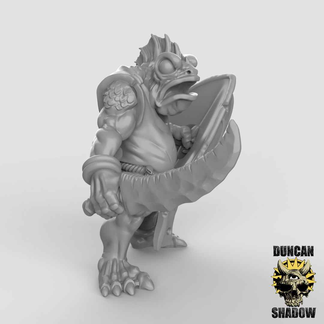Pueblo pez Koa Toa con espadas y escudos | Sombra de Duncan | Compatible con Dragones y Mazmorras y Pathfinder