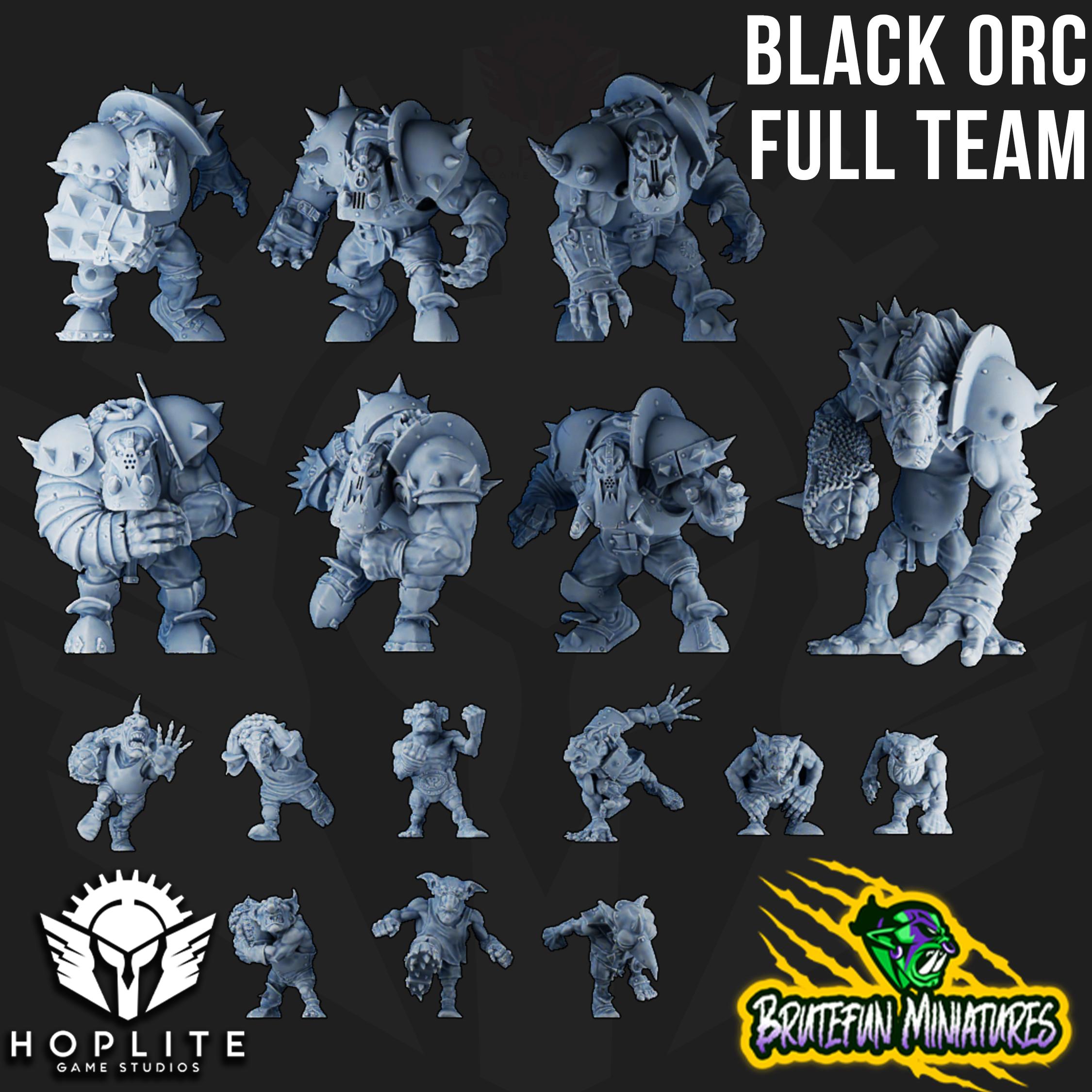 Obsidian Orcs - Equipo completo de fútbol de fantasía Orc - 16 jugadores - Brutefun Miniatures