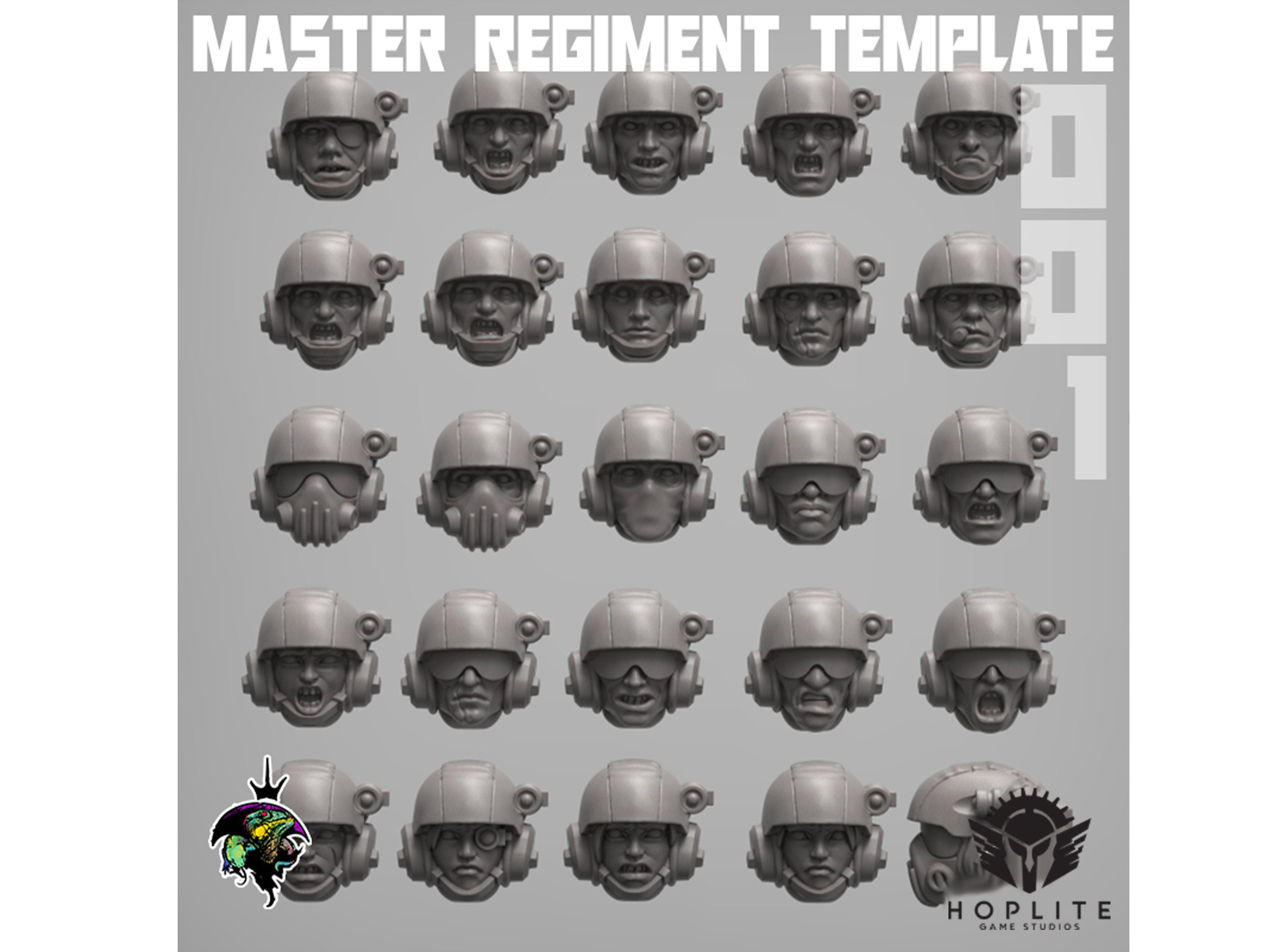 Piezas: Plantilla de cascos del regimiento maestro (x20) | Reptilian Overlords | 28 mm