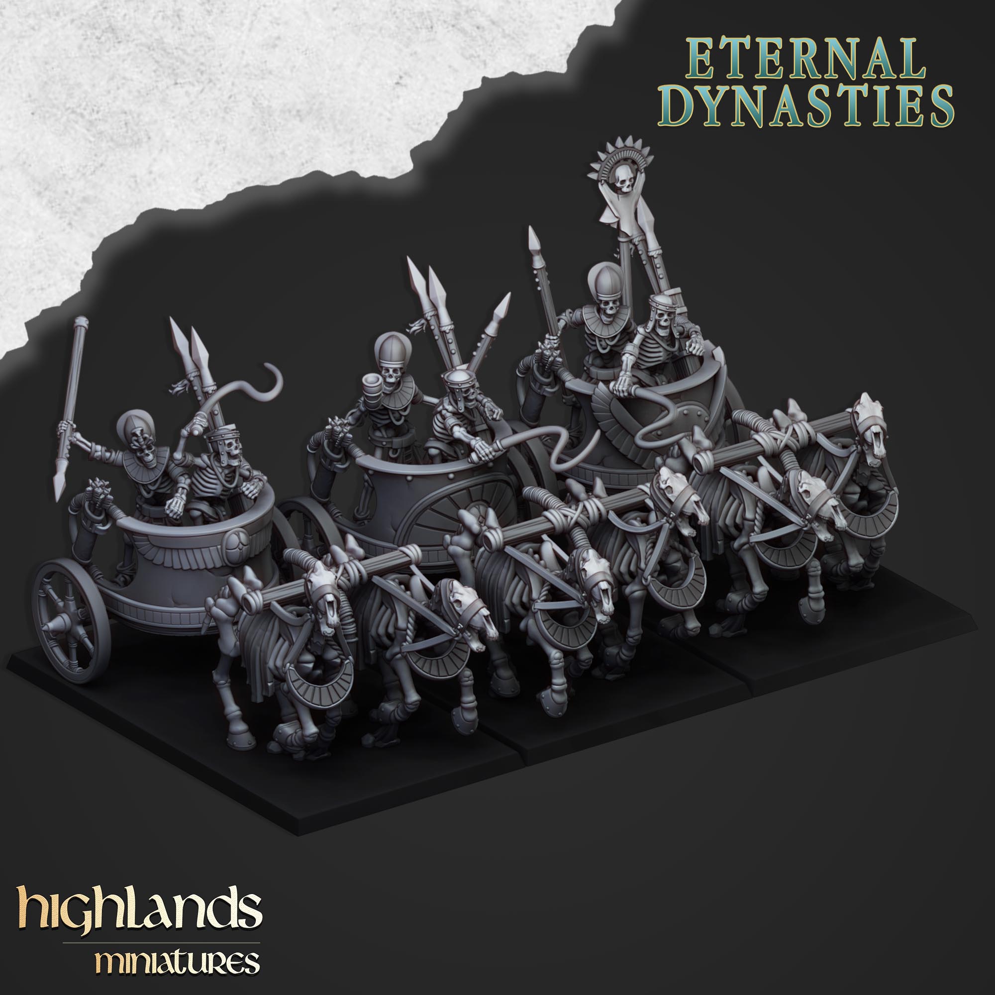 Antike Skelettstreitwagen (x3) – Ewige Dynastien | Highlands Miniatures