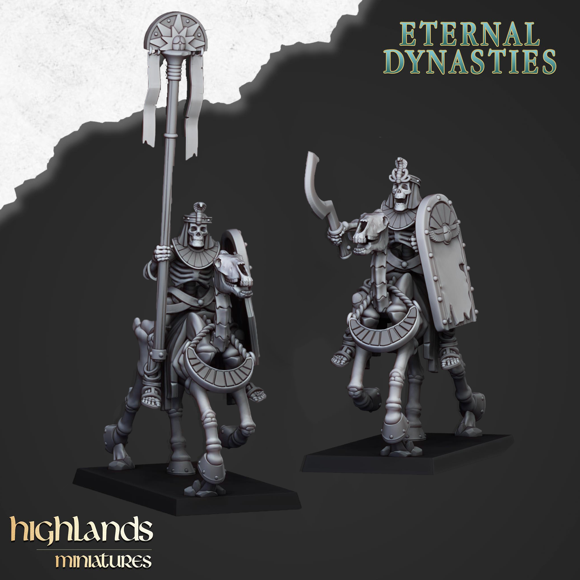 Capitanes de caballería esqueléticos antiguos (x2) - Dinastías eternas | Miniaturas de las Tierras Altas