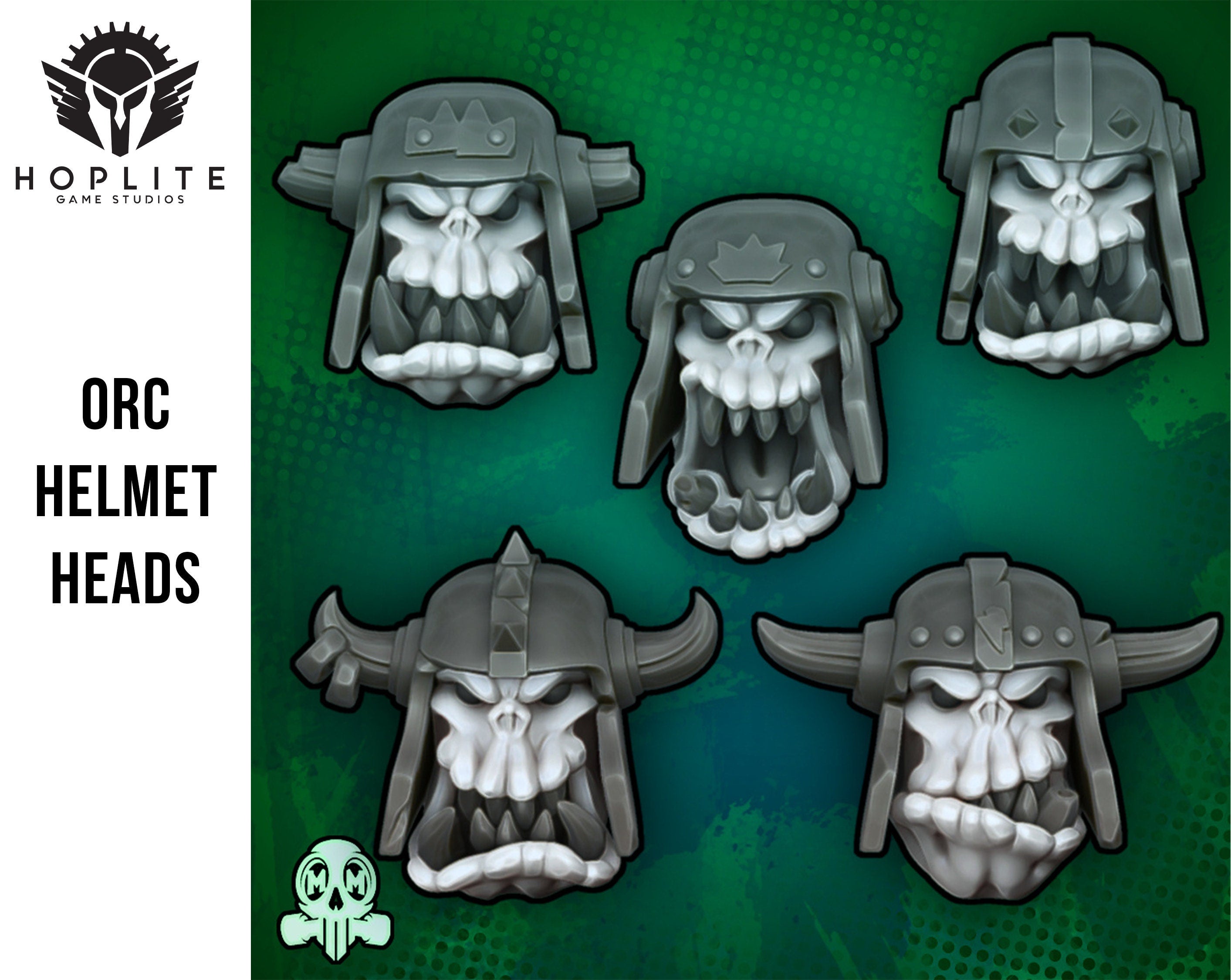 Orc Helmeted Heads, x10 | Space Orcs | Greenskin Orks |Malicious Miniatures
