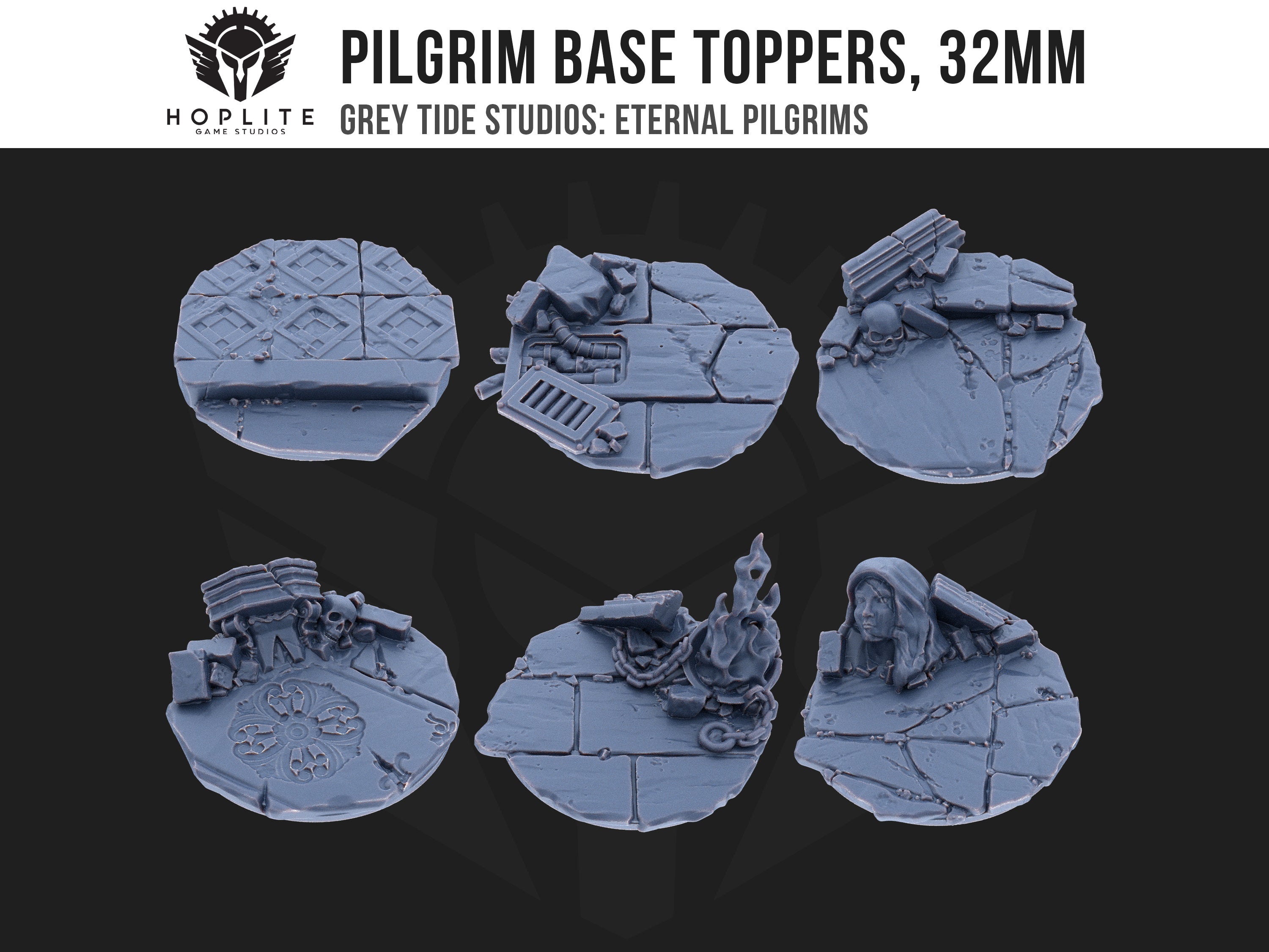 Pilgrim-Basisaufsätze, 32 mm (x6) | Grey Tide Studios | Eternal Pilgrims | Umbauteile und Bits