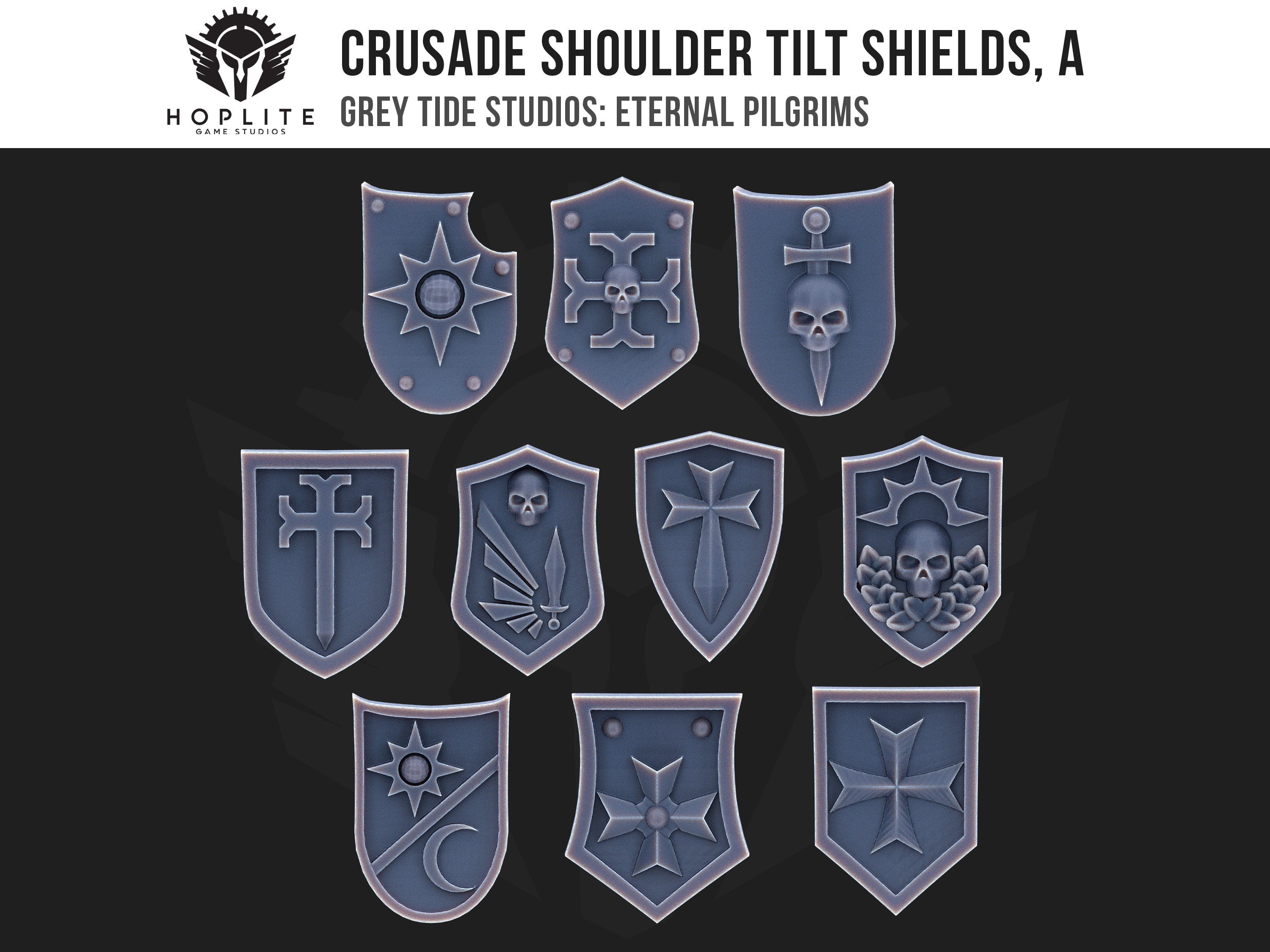 Crusade Shoulder Tilt Shields, A (x10) | Grey Tide Studios | Eternal Pilgrims | Conversion Parts & Bits
