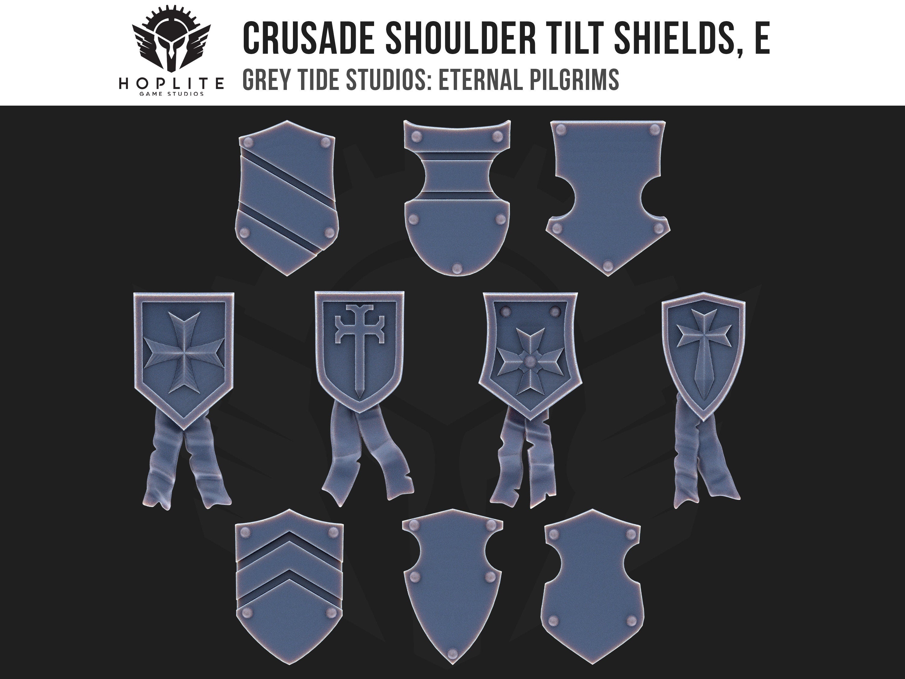 Escudos de inclinación de hombros de Cruzada, E (x10) | Estudios de marea gris | Peregrinos eternos | Piezas y brocas de conversión